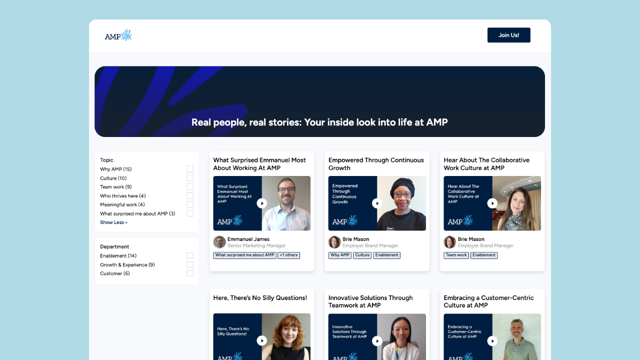 AMP Story Feed VideoMyJob Employee Story Library