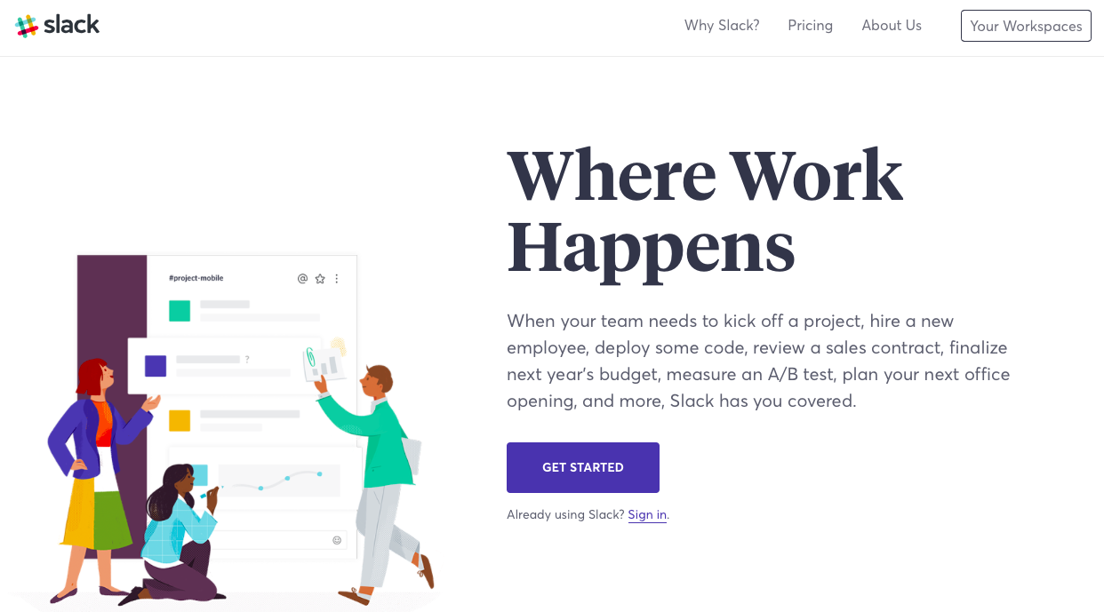 Slack dashboard for team communication